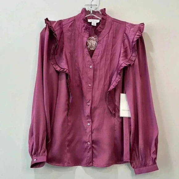 Long sleeve ruffle neck and shoulder, button-down blouse, size medium - Picture 1 of 11